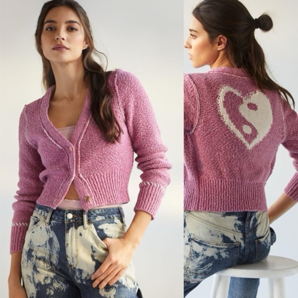 Anthropologie Pink Cardigan Sweater with Heart Design